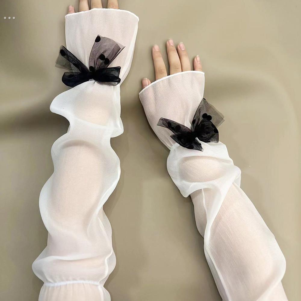 珠光素色网纱蝴蝶结防晒冰袖宽松夏季手袖2025新款喇叭口防晒袖套