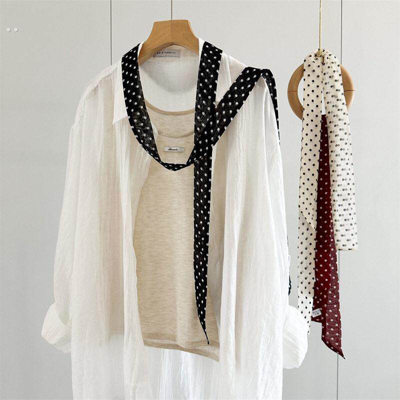 高级感法式覆古桑蚕丝细窄长条小丝巾女真丝波点系脖飘带领巾围巾