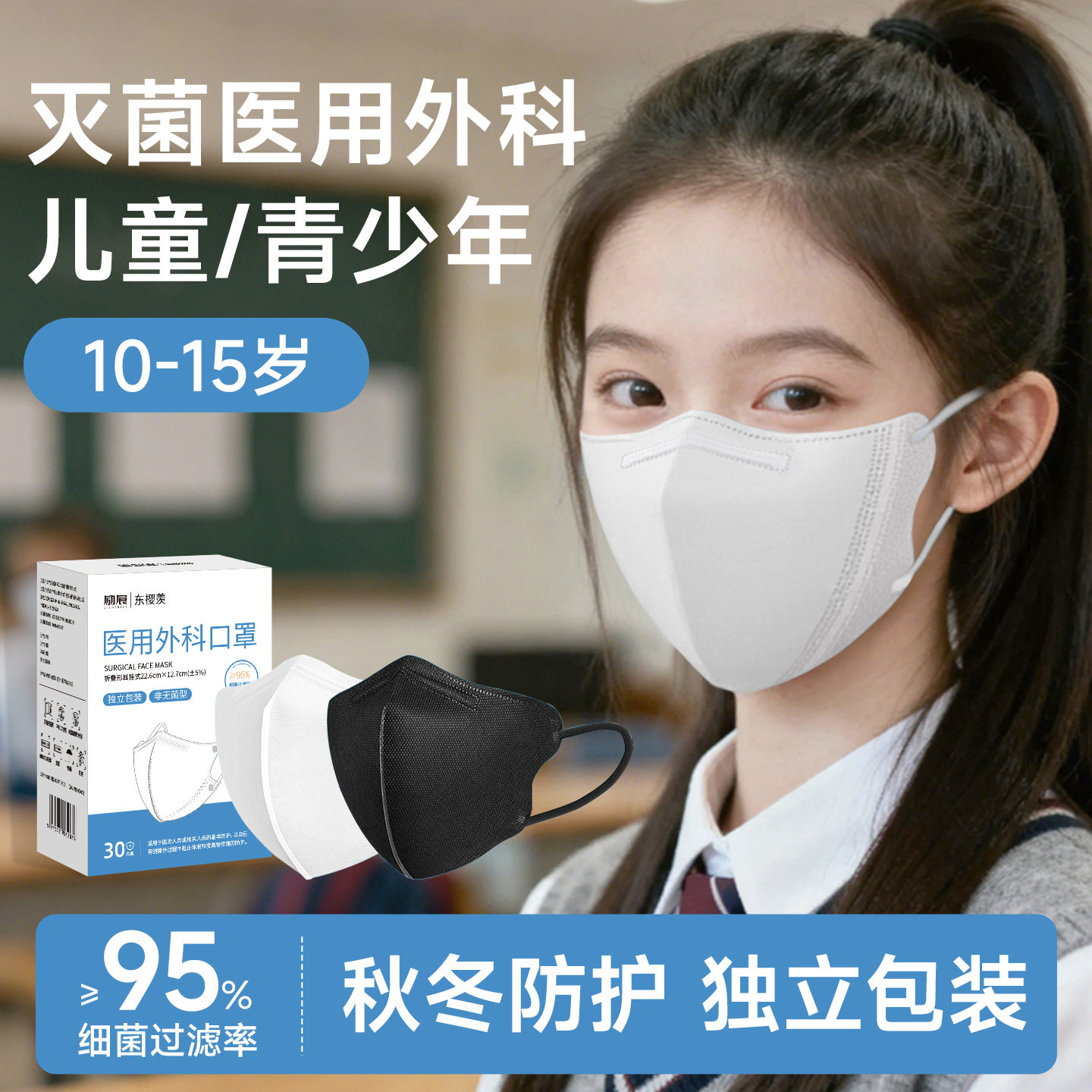 青少年医用外科口罩3D立体不勒耳