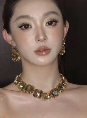超闪公主水滴水钻项链耳环套装女轻奢小众高级感夸张新娘礼服配饰