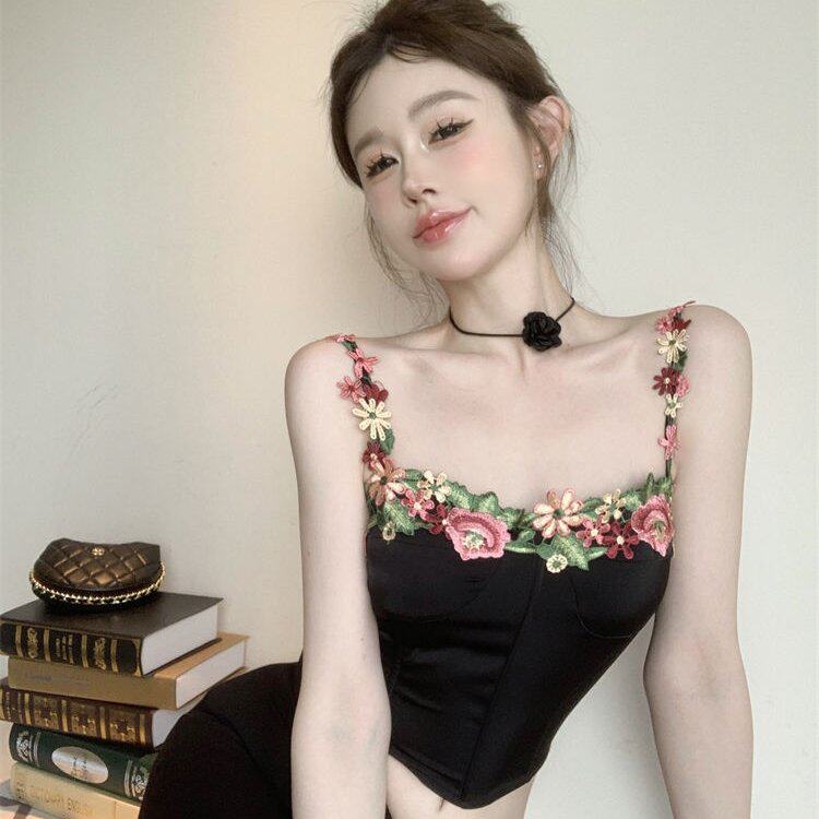 法式复古刺绣花朵吊带背心女夏季纯欲辣妹性感抹胸上衣外穿打底衫