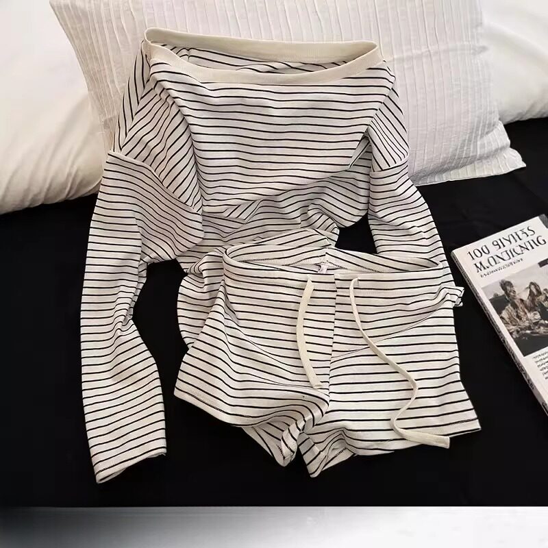 韩系黑白条纹斜肩睡衣女生春秋款长袖短裤T恤露肩大码家居服套装