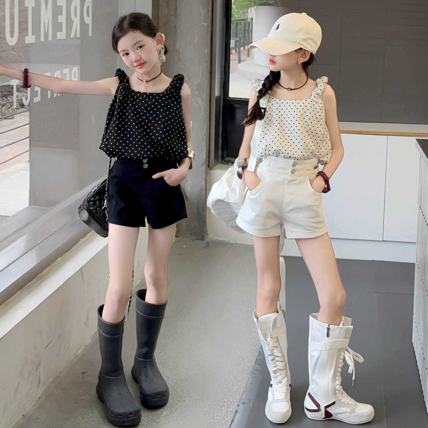 女童无袖波点背心2025韩版女孩中大童弹力修身短裤时髦洋气两件套