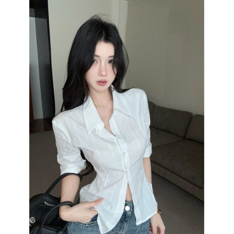 老钱风白色中袖衬衫女松驰感姐系高智感衬衣修身短款纯棉收腰上衣
