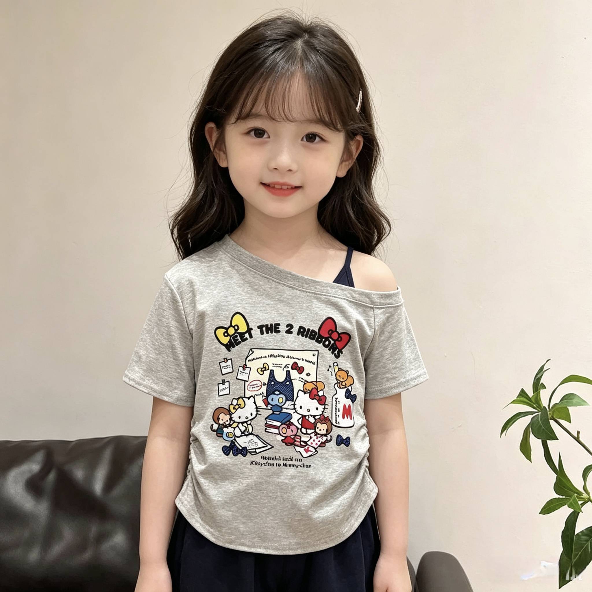 女童纯棉露肩短袖T恤夏季2026新款中大童女孩斜肩上衣卡通t恤甜美