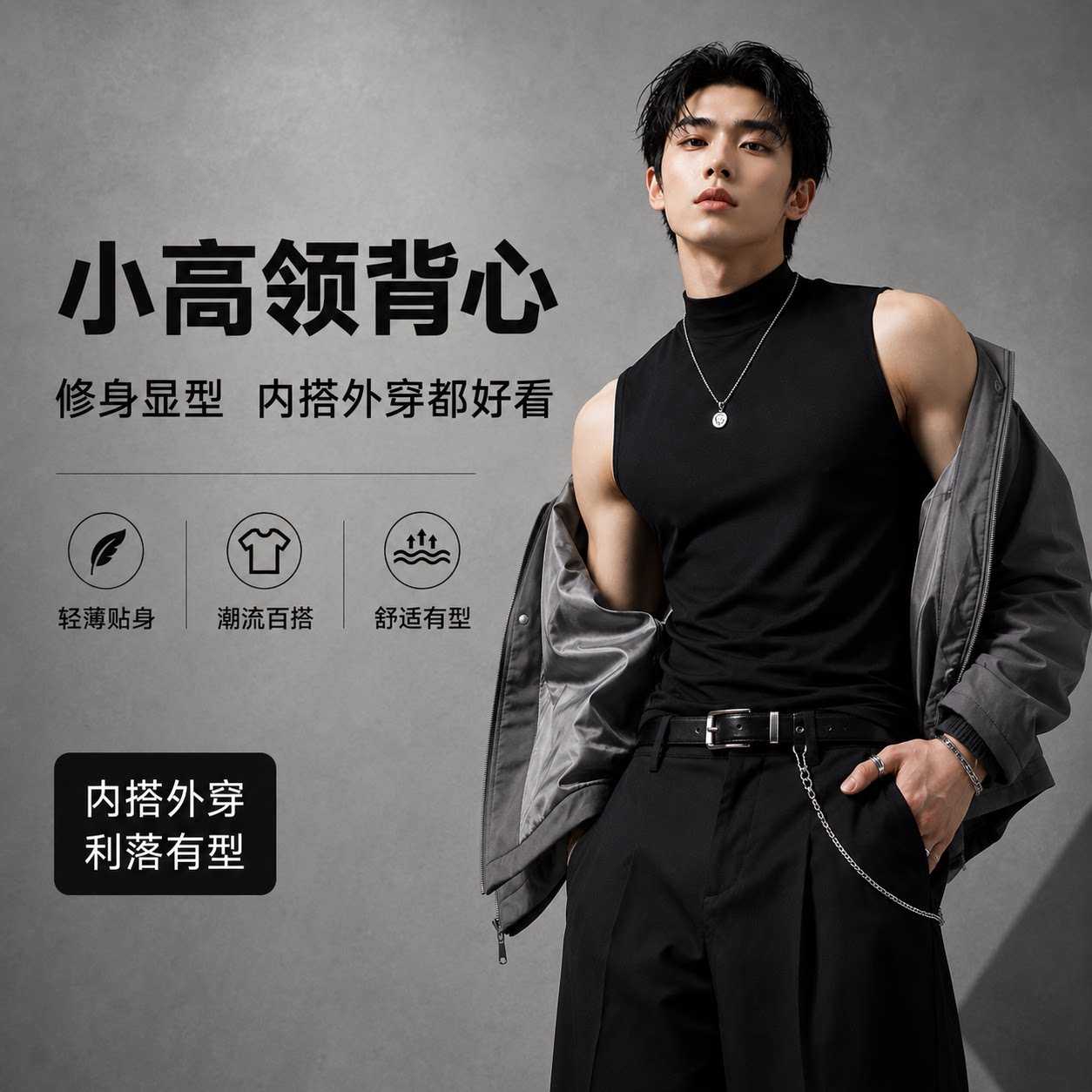 肌肉男健身训练服兄弟纯色透气打底运动无袖T恤高领弹力速干背心