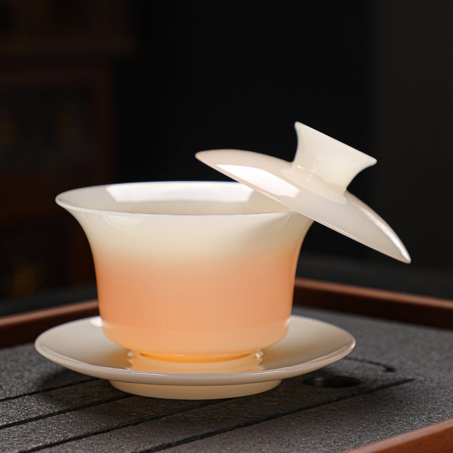 高档正品璞玉盖碗冰种陶瓷三才碗薄胎泡茶碗不烫手功夫茶具大容量