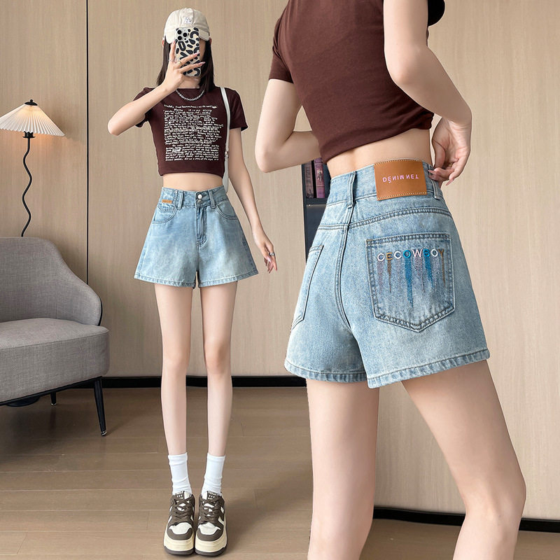 撞色绣花牛仔短裤女夏季薄宽松阔腿显瘦a字双扣高腰刺绣热裤外穿