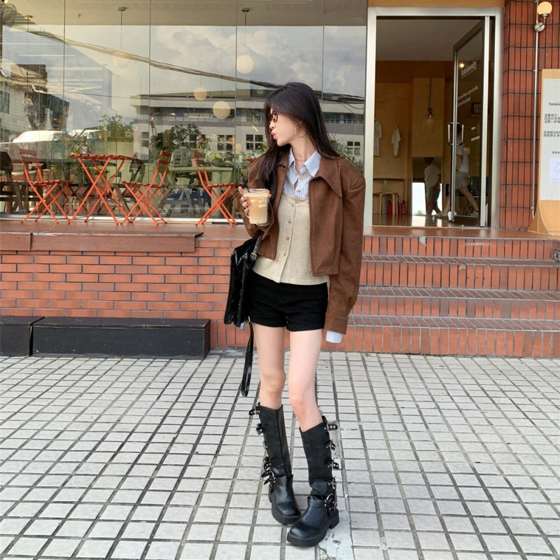 美拉德套装假两件条纹衬衫女秋季咖色麂皮绒外套夹克短上衣两件套