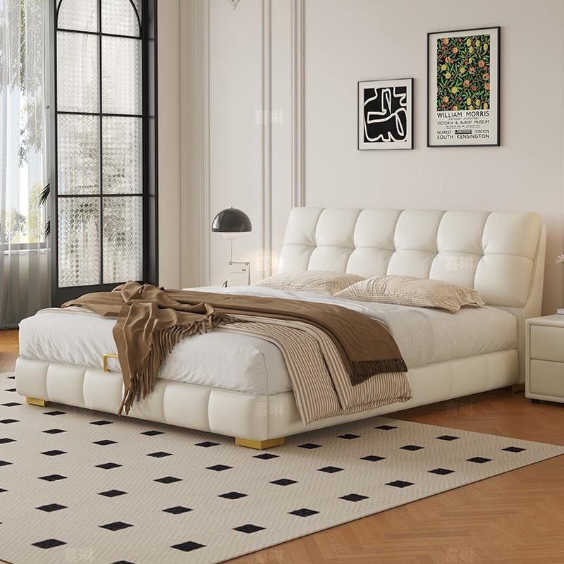 奶油风云朵真皮泡芙床现代简约羊羔绒布艺床女孩卧室储物双人床