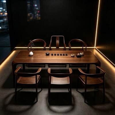 胡桃木实木茶餐桌一体两用桌客厅大板茶台新中式喝茶椅子组合套装