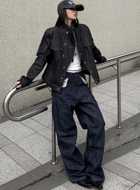 August rain 14.5进口斜领经典短宽原牛硬挺宽松牛仔夹克外套