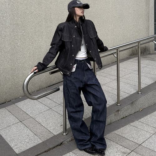 August rain 14.5进口斜领经典短宽原牛硬挺宽松牛仔夹克外套