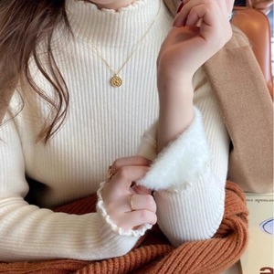 半高领一体绒打底衫女内搭秋冬新款加绒加厚毛衣洋气木耳边针织衫