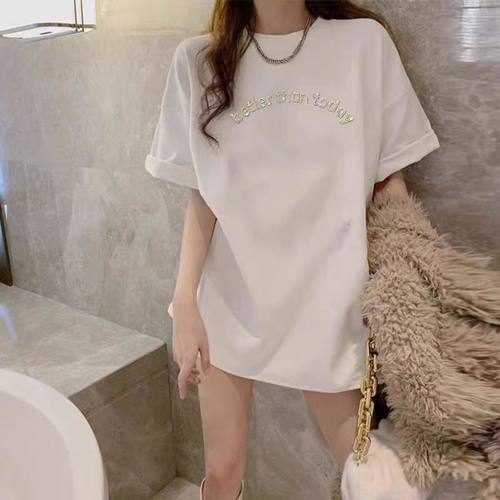 重工镶钻纯棉短袖T恤女中长款
