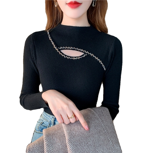 加绒加厚半高领毛衣女秋冬新款一体绒保暖内搭钉珠镂空打底针织衫