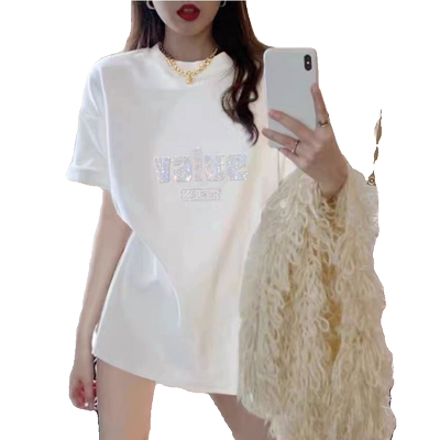大码纯棉烫钻短袖t恤女