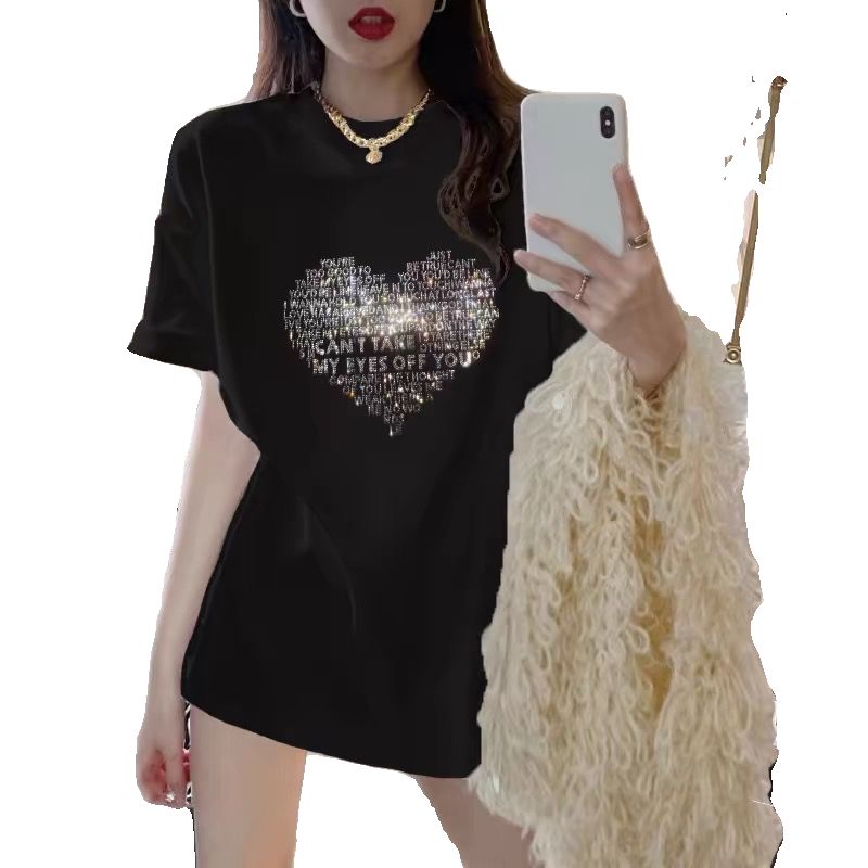 纯棉短袖t恤女中长款2026夏季新款烫钻爱心宽松大码上衣半袖体恤
