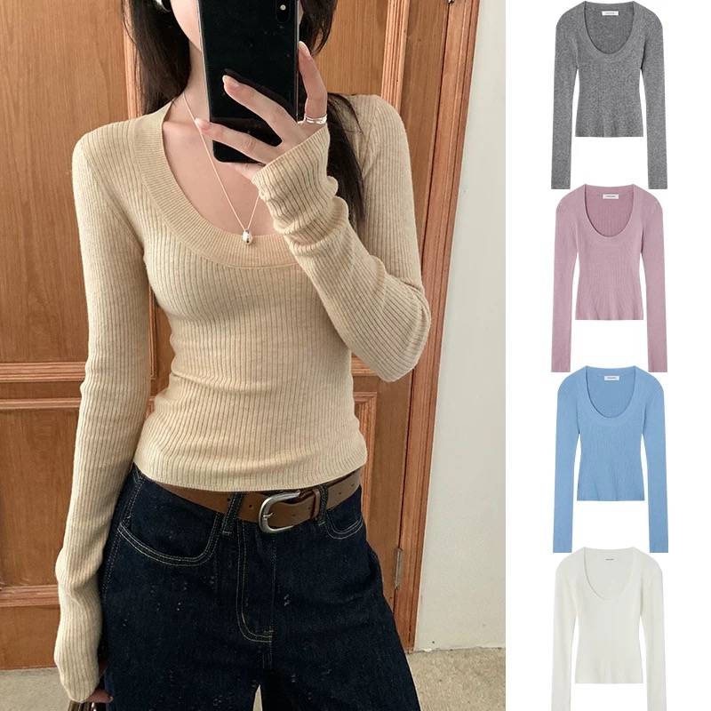 深U领长袖针织衫女毛衣秋冬季