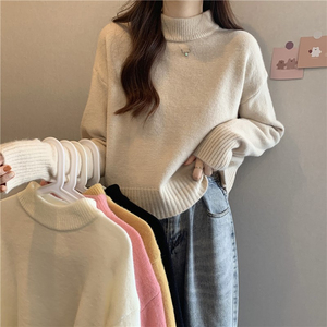 半高领宽松加厚套头毛衣女秋冬2023新款小个子短款休闲针织衫上衣