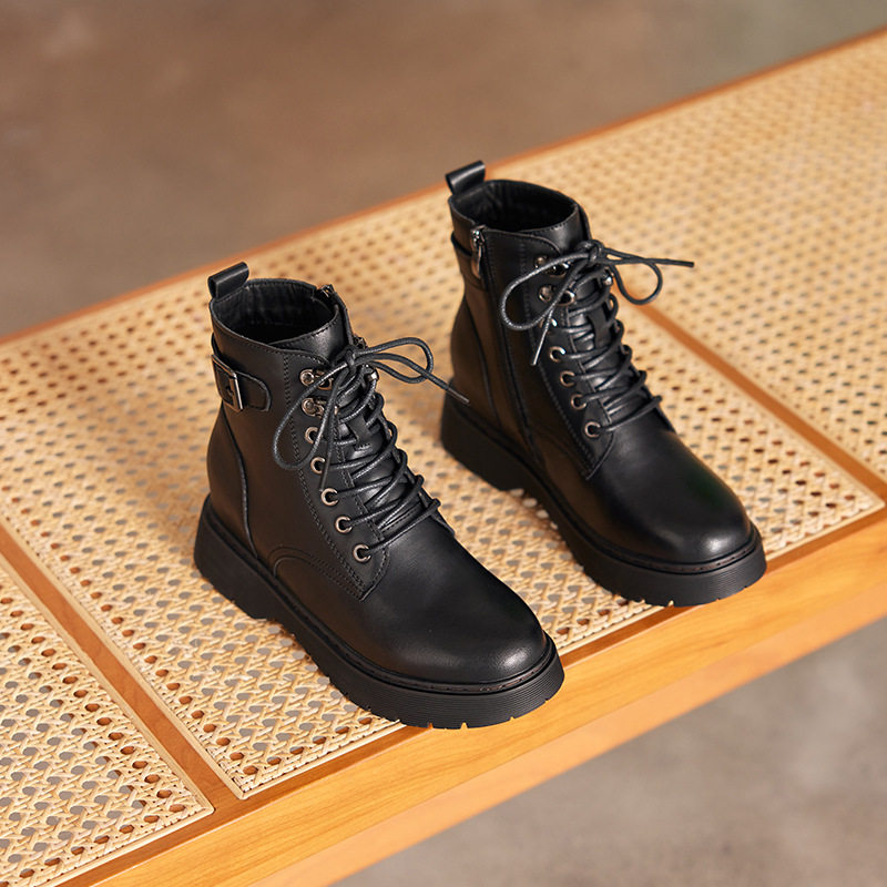 真皮内增高马丁靴女英伦风2025秋冬季加绒棉鞋厚底短靴小个子女鞋