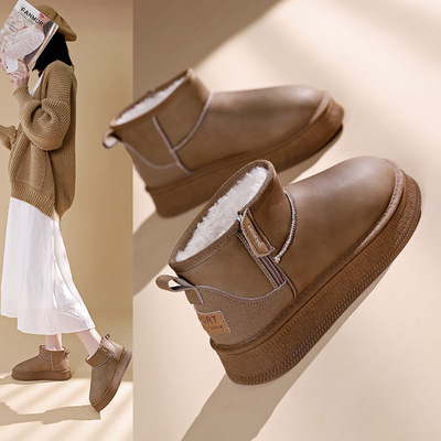 侧拉链防水防滑雪地靴女2024新款厚底加绒保暖短靴加厚棉靴288-2