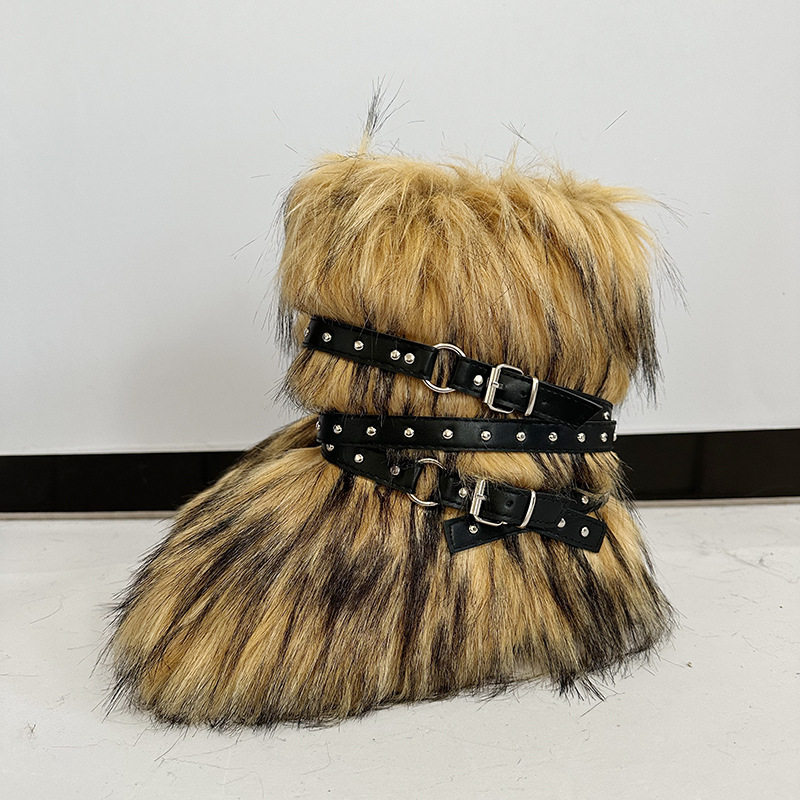 毛毛靴子长筒40厘米捆带仿狐狸毛貉子毛皮草50厘米高筒雪地靴鞋女