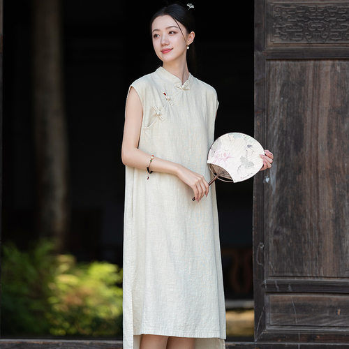 26夏新款原创中式复古盘扣棉麻旗袍女式苎麻砂洗立领无袖连衣裙