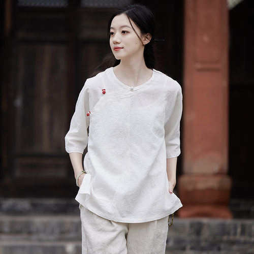26夏新款棉麻女装中式复古圆领偏襟盘扣上衣薄款T恤禅系茶服衬衫