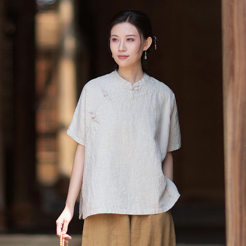 亚麻复古上衣衬衫女薄款26夏季新款禅意立领盘扣衬衣文艺短袖茶服