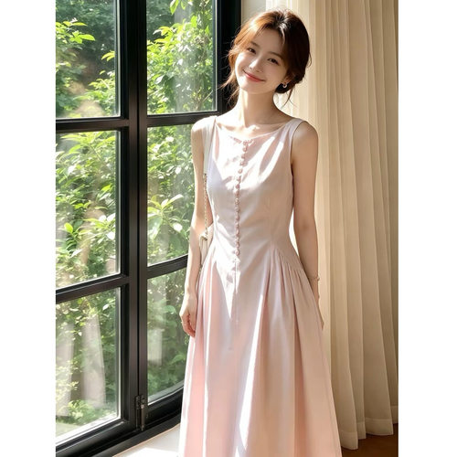 小个子巨好看法式粉色无袖连衣裙子女初夏独特漂亮高级感a字长裙