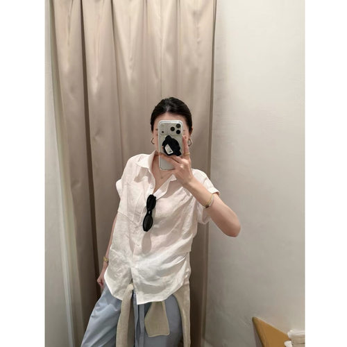 elieilm 夏屿闲风  亚麻清爽感短袖衬衫女设计感小众捏褶衬衣