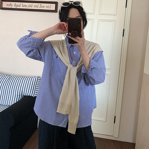 厂家直销衬衫女2026春秋季新款高支纯棉经典海魂条纹中长款衬衫