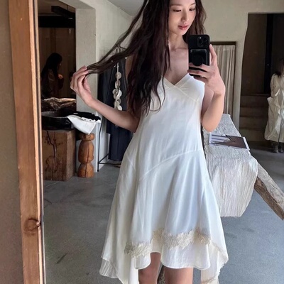 韩国东大门白色蕾丝拼接连衣裙女