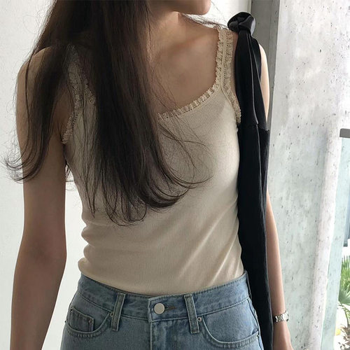 ounce现H26夏款韩国东大门百搭纯色修身挂脖蕾丝边吊带背心上衣女