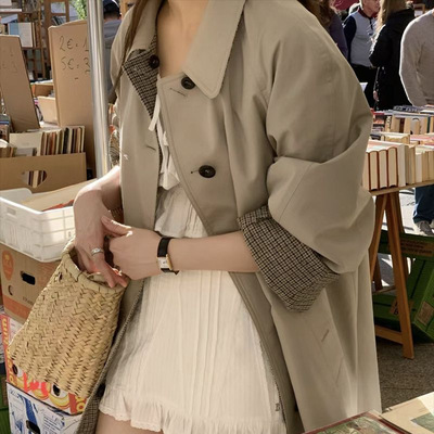 The Barnnet现货26款韩国东大门宽松休闲两面穿格纹长款风衣外套