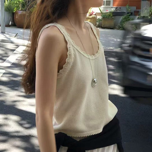 ounce现H26夏款韩国东大门纯色百搭蕾丝花边套头无袖短衫吊带背心