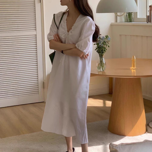 one mone现货26款韩国东大门法式复古宽松休闲纯色V领连衣裙长裙