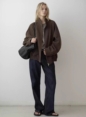 FACADE PATTERN纯色拉链宽松休闲复古羊毛毛呢立领夹克短款外套女