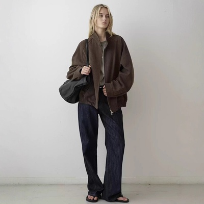 东大门纯色拉链宽松休闲短款外套