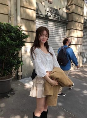 vegetable现H25秋款韩国东大门白色蕾丝短款小衫露脐刺绣镂空上衣