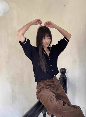 viaplain25款韩国东大门复古海军领羊毛针织衫单排扣宽松休闲外套