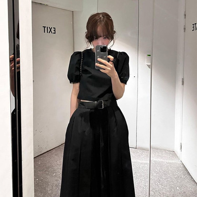 格纹纯色短袖衬衫半身裙两件套女