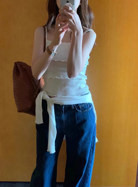 objet现H25夏款韩国东大门修身显瘦纯色露脐木耳边细肩带拼接吊带