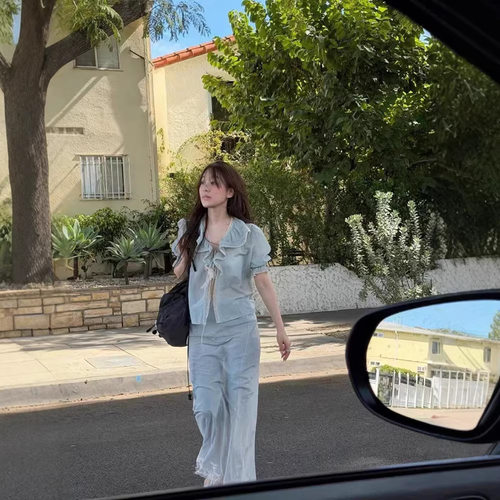 天丝荷叶边蕾丝衬衫长裙两件套女