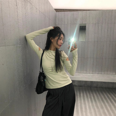 纯色简约女东大门长袖打底破洞韩