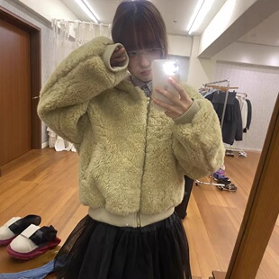 nocontent现H25秋冬款 软糯宽松休闲百搭羊毛毛绒连帽保暖外套上衣