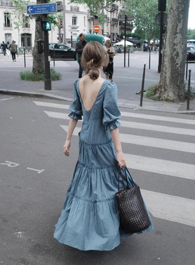 fletta现H25韩国东大门蓝色复古拼接深V露背收腰泡泡袖连衣裙长裙