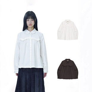 coyseio现H25秋款韩国东大门纯色娃娃领褶皱花边宽松长袖衬衫上衣