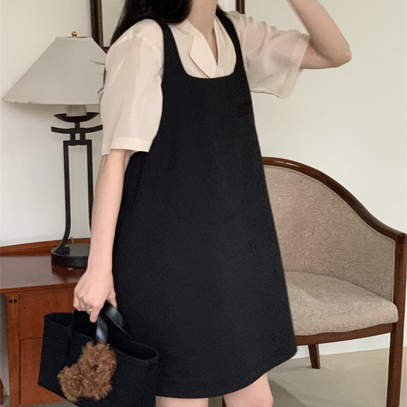 TAF现25夏款韩国东大门休闲宽松纯色U领气质减龄百搭背带连衣裙女